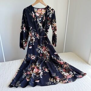 Women's Long Sleeve Floral Black Wrap Maxi Dress, Size Small